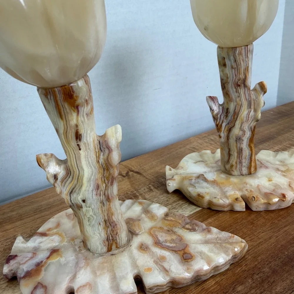Vintage Onyx Marble Tulip Candlestick Holder Set Carved Stone Leaf Base 6